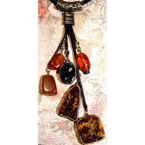 YOU and I Natural Stone Necklace Lucite Bead Crystal Dangle Bronze Metal Vintage